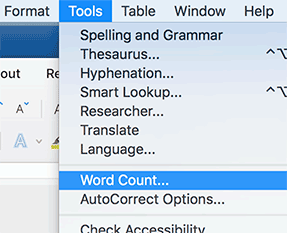 word count via Tools menu